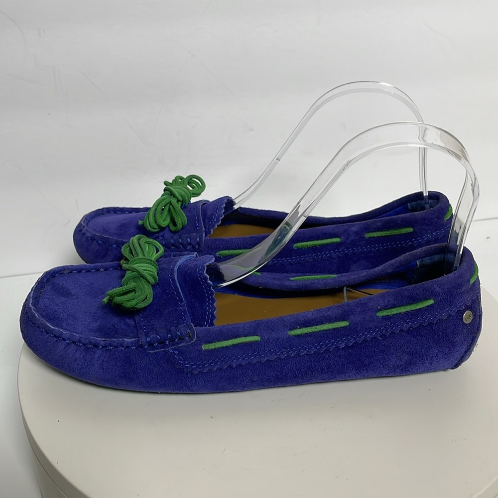 UGG Purple Suede Moccasins with Green Laces - Picture 3 of 9